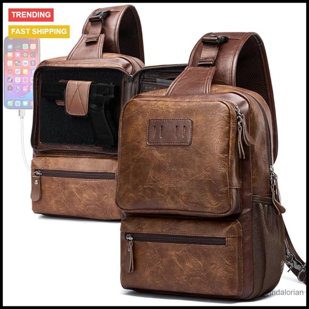 Men's Leather Crossbody Sling Bag with USB Charging Port Handgun Holder Vintage